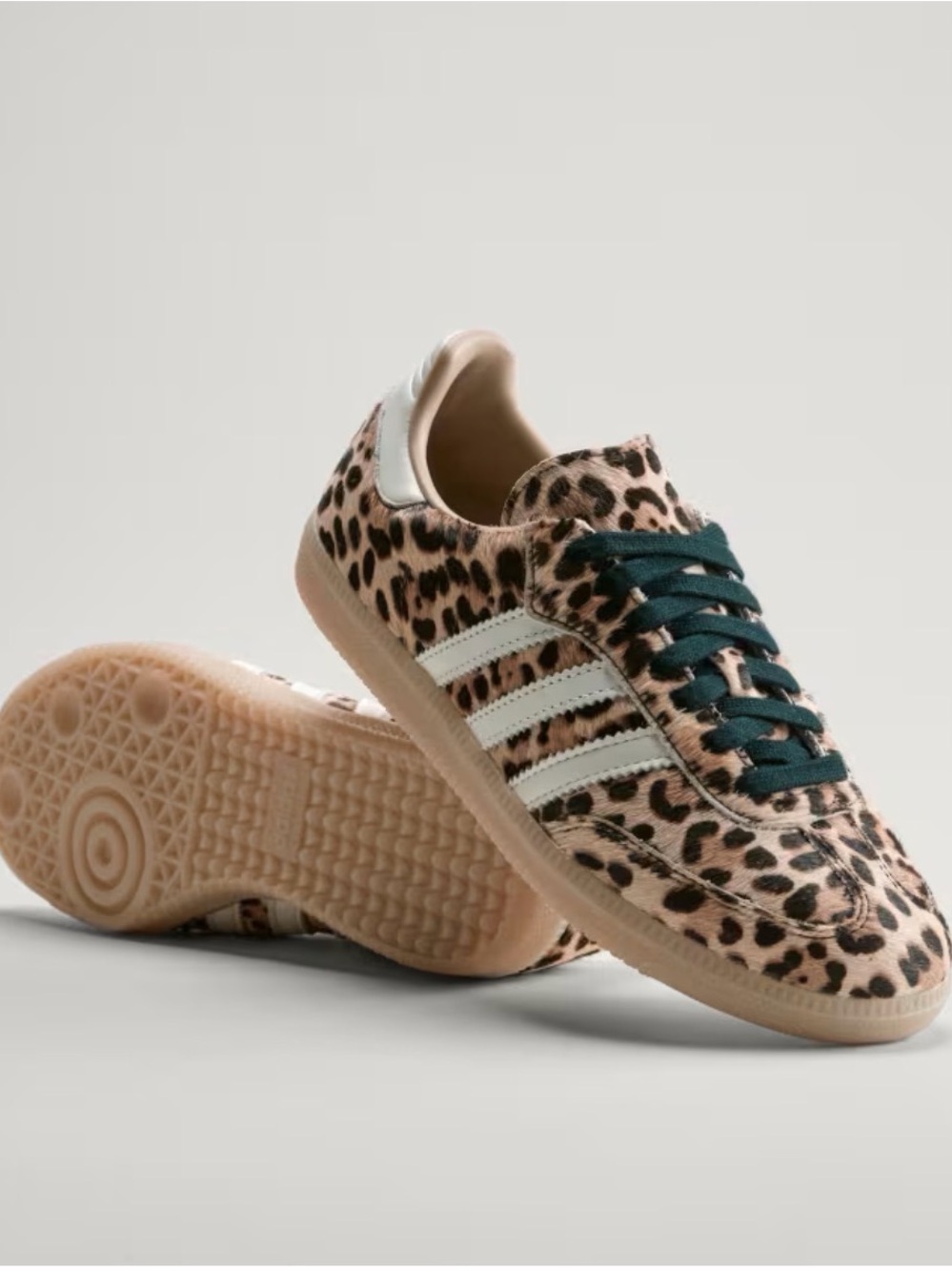 adidas Women's Leopard Print Sneakers with White Stripes and Dark Green Laces